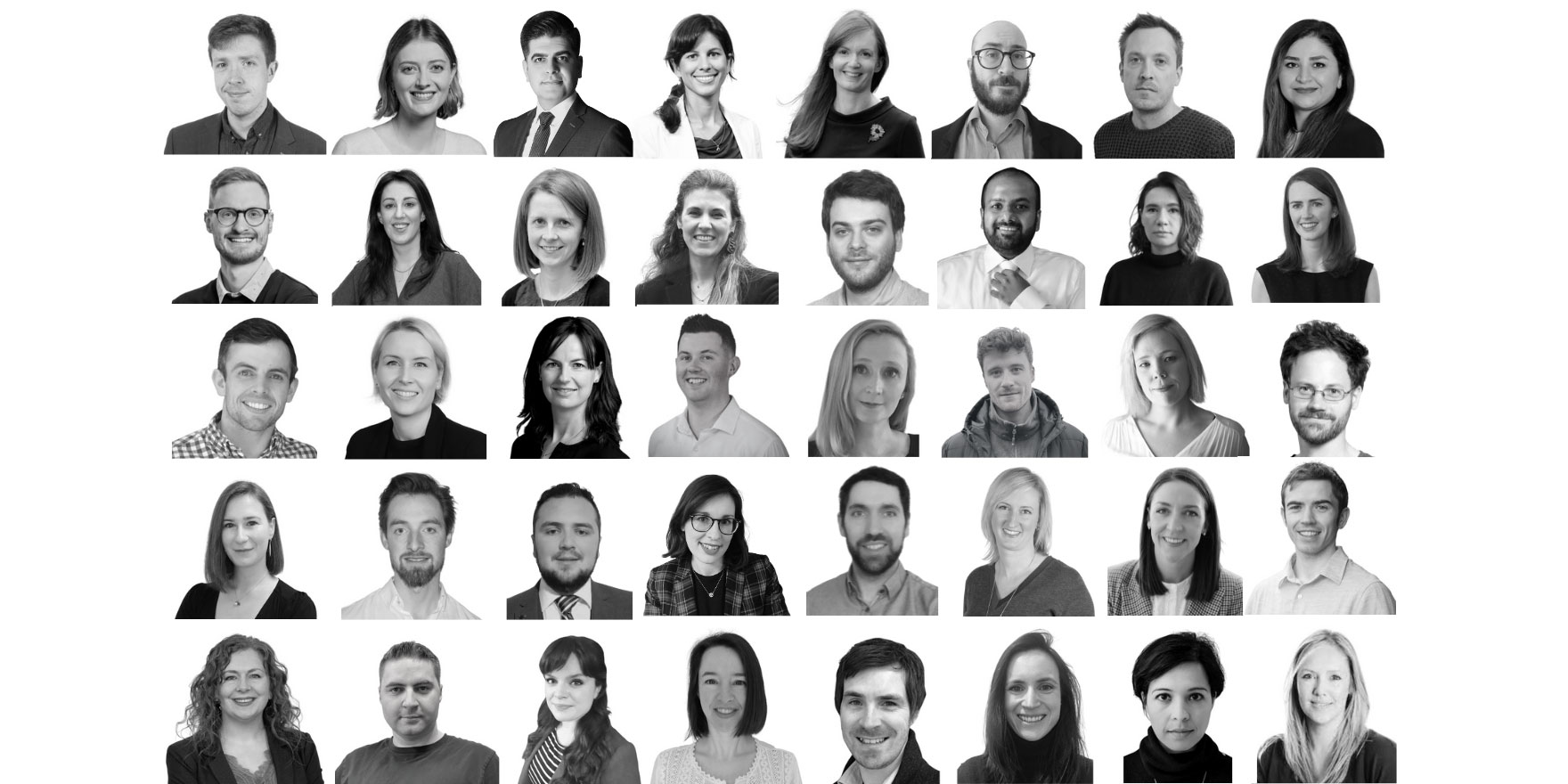 A black and white photo, compiling 40 headshots of new Young Academy Ireland members, composed in four rows.