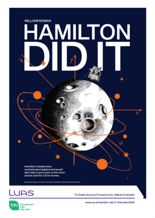 Poster design for Hamilton Did It with monochrome image of moon and rocket and orange orbiting circles and stars