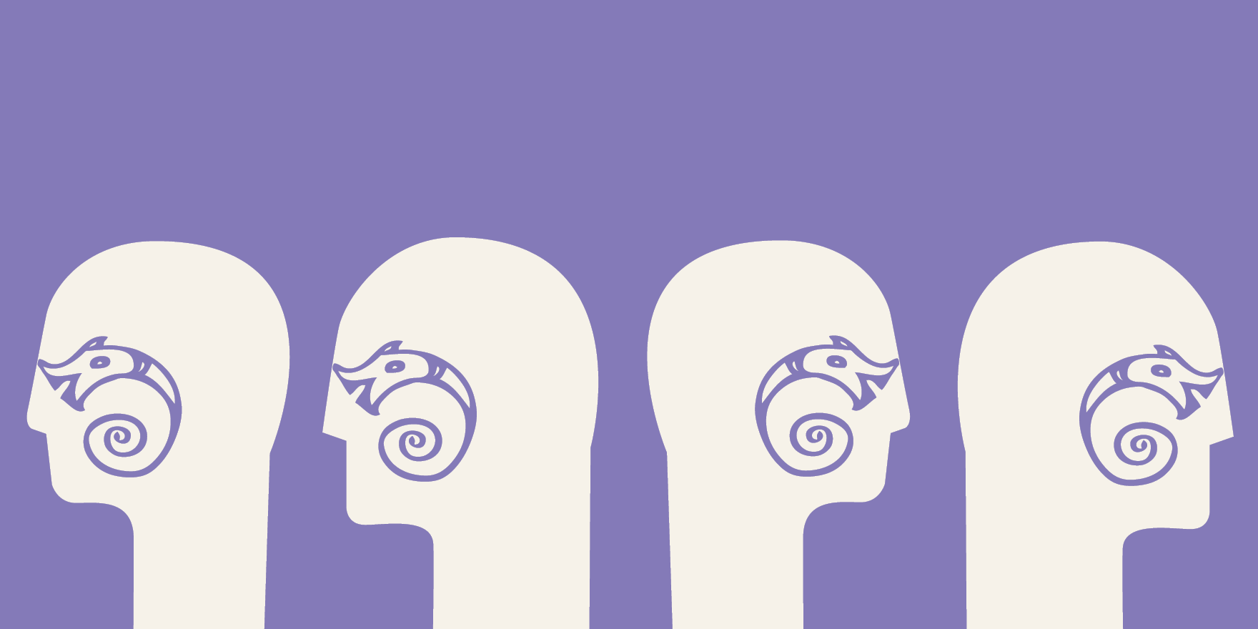 Illustration of four heads drawn in white, silhouetted against a purple background