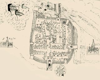 Historical map depicting the town of Galway enclosed by defensive walls, with several towers and gates. Outside the town walls, on the left side, there is an illustration of Saint Augustine's church, labeled 