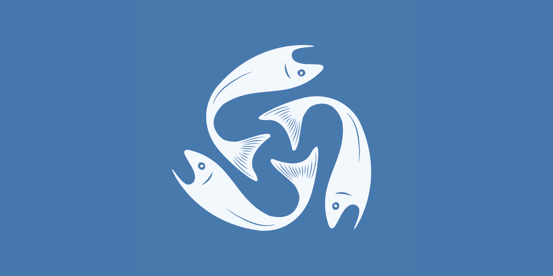 Three salmon fish in white in a circular design on a blue background