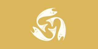 Three salmon fish in white in a circular design on a gold background