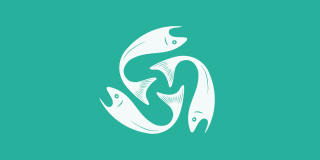 Three salmon fish in white in a circular design on a green background