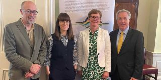 OS200 project co-leads Dr Keith Lilley (Queens University Belfast) and Dr Catherine Porter (University of Limerick), with Chief Survey Officers Suzanne McLaughlin (Ordnance Survey Northern Ireland) and Colin Bray (Tailte Éireann).