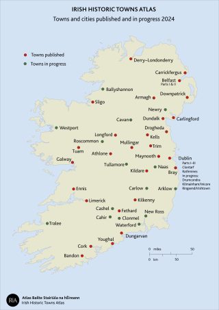 Map of Ireland with towns published and in preparation for the Irish Historic Towns Atlas programme