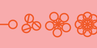 Abstract orange shapes on a pink background, progressing from a single circle on the left to a complex flower-like pattern on the right