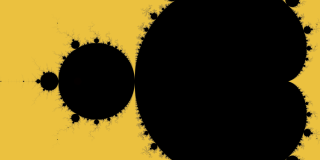 Abstract design of black circular shapes on yellow to represent Mandelbrot set