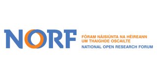 Logo of NORF, the National Open Research Forum, with the acronym in blue and orange letters. Below the acronym, the full name is written in Irish and English