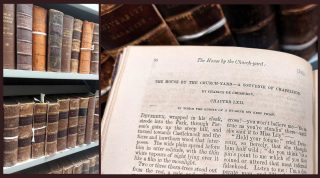 Composite image of bound volumes on a library shelf and the title page of a story in the Dublin University Magazine