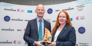 Open Data award 2024 – Minister of State, Ossian Smyth TD with Kathryn Cassidy of Digital Repository of Ireland, winners of the Open Data award 2024 at the Ireland eGovernment Awards 2024, held at the Radisson Blu Hotel in Dublin on Thursday September 19th 2024 © Noel Hillis 2024