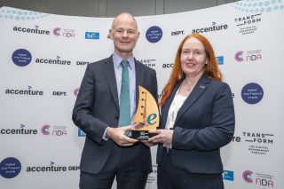 Open Data award 2024 – Minister of State, Ossian Smyth TD with Kathryn Cassidy of Digital Repository of Ireland, winners of the Open Data award 2024 at the Ireland eGovernment Awards 2024, held at the Radisson Blu Hotel in Dublin on Thursday September 19th 2024 © Noel Hillis 2024