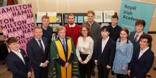 Photo of the 2024 Hamilkton prize in mathematics winners with the President of the Royal Irish Academy