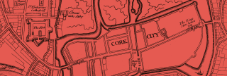 Extract of a 17th-century map of Cork City showing the walled town. Delineated in black on a red background