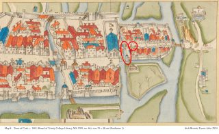 A coloured historical map of Cork City from c. 1601