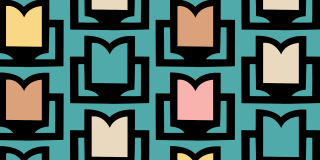 Repeated pattern of open books on a blue-green background