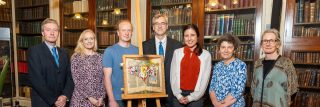 Presentation of a new artwork inspired by the Book of Ballymote (RIA MS 23 P 12), commissioned as part of the the OG(H)AM research project, to the Royal Irish Academy. L-R: Pat Guiry, President of the Royal Irish Academy, Barbara McCormack, Academy Librarian, artist Thomas Keyes and project researchers David Stifter MRIA and Dr Deborah Hayden (Maynooth University), Prof Katherine Forsyth (Glasgow University) and Dr Nora White (Maynooth University)